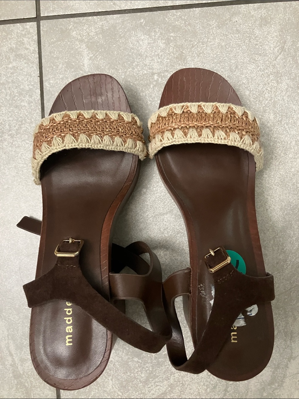 Madden Girl Brown Sandals with Cream Woven Straps